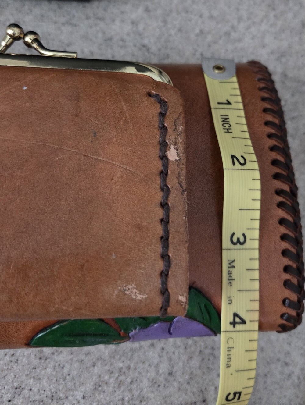 Hand Made Tooled Leather Floral Hand Painted Vintage Whip Stitch Tri-fold Wallet - Picture 13 of 14